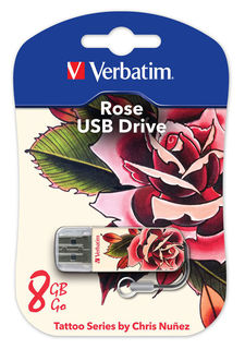 Флешка USB VERBATIM Store n Go Mini Tattoo Rose 8Гб, USB2.0, белый и узор [49881]