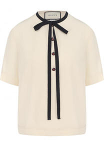 Шелковая блуза с воротником аскот и принтом Gucci