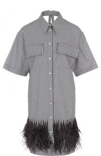 Хлопковое платье-рубашка в клетку с перьевой отделкой No. 21