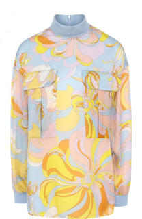 Шелковый топ с принтом и воротником-стойкой Emilio Pucci