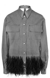 Хлопковая блуза в клетку с перьевой отделкой No. 21