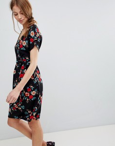 Платье-футляр с запахом и цветочным принтом QED London - Темно-синий