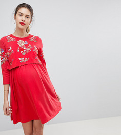 Приталенное платье с вышивкой для кормящих мам ASOS MATERNITY - Красный