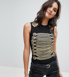 A Star Is Born Going Out Military Bodysuit with Statement Shoulders and Embellishment - Черный