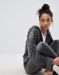 Худи из велюра на молнии с принтом в готическом стиле Juicy Couture Black Label - Серый