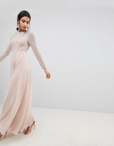 Платье макси с длинными рукавами и отделкой искусственным жемчугом ASOS DESIGN - Розовый