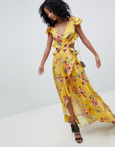 Желтое платье макси с цветочным принтом, открытой спиной и оборками ASOS DESIGN - Мульти