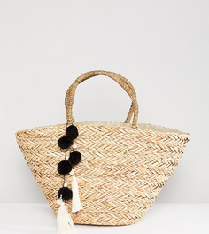 Соломенная пляжная сумка с черными и белыми помпонами South Beach - Бежевый