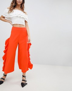 Укороченные брюки с широкими штанинами и рюшами Miss Selfridge - Оранжевый