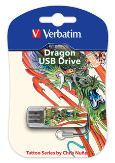 Флешка USB VERBATIM Mini Tattoo Dragon 16Гб, USB2.0, белый и рисунок [49888]