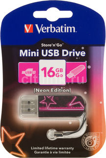 Флешка USB VERBATIM Mini Neon Edition 16Гб, USB2.0, розовый и рисунок [49396]