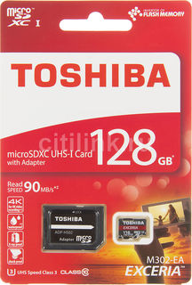 Карта памяти microSDXC UHS-I U3 TOSHIBA M302 128 ГБ, 90 МБ/с, Class 10, THN-M302R1280EA, 1 шт., переходник SD