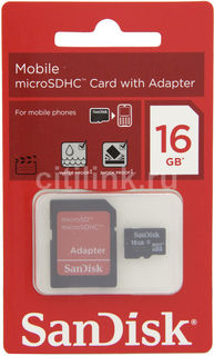 Карта памяти microSDHC SANDISK Mobile 16 ГБ, 4 МБ/с, Class 4, SDSDQM-016G-B35A, 1 шт., переходник SD