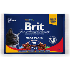 Паучи Brit Premium Cat Meat Plate мясная тарелка говядина с горошком и курица с индейкой для кошек набор 4шт*100г (100312) Brit*