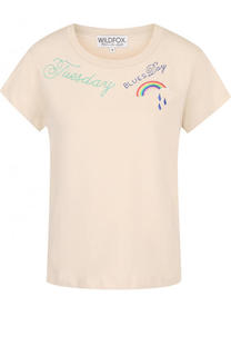 Хлопковая футболка с контрастной вышивкой и круглым вырезом Wildfox