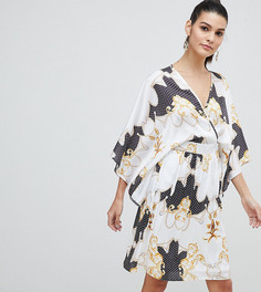 Атласное платье миди с рукавами-кимоно и принтом Flounce London - Мульти