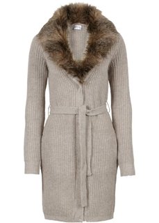 Вязаное пальто со съемной опушкой из искусственного меха (бежевый меланж) Bonprix