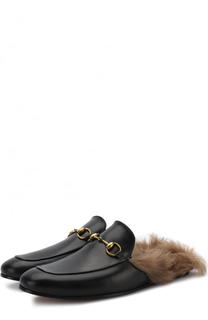 Кожаные сабо Princetown с меховой отделкой Gucci