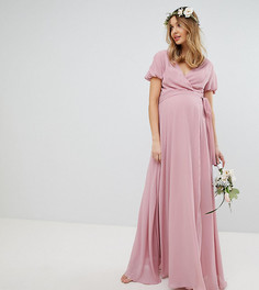 Платье макси с запахом, поясом и пышными рукавами TFNC Maternity - Розовый