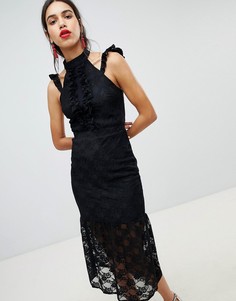 Кружевное облегающее платье миди с оборками Lost Ink - Черный