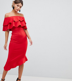 Платье миди с открытыми плечами и оборками Silver Bloom - Красный