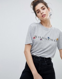 Свободная футболка с принтом Neon Rose - Серый