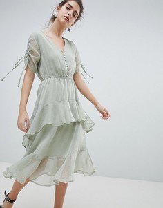 Чайное платье миди с оборкой и принтом Neon Rose - Серый