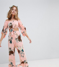 Sisters Of The Tribe Petite Wide Leg Trousers With Frill Hem In Floral Print Co-Ord - Розовый