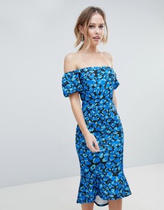 Платье миди с открытыми плечами Silver Bloom - Синий