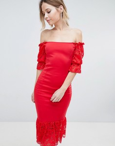 Платье с открытыми плечами и кружевной вставкой Silver Bloom - Красный