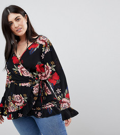 Топ с запахом и цветочным принтом Boohoo Plus - Черный