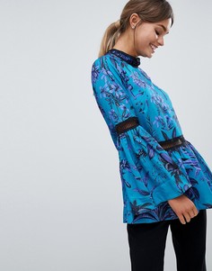 Блузка с высоким воротом и цветочным принтом Closet - Синий