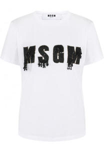 Хлопковая футболка с вышитым логотипом бренда MSGM