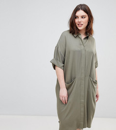 Платье-рубашка с короткими рукавами и драпированными карманами ASOS DESIGN Curve - Зеленый