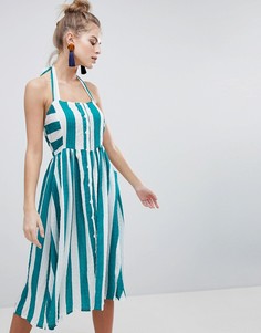 Платье миди в полоску с лямкой через шею Boohoo - Мульти