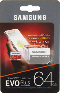 Карта памяти microSD UHS-I U3 SAMSUNG EVO PLUS 2 64 ГБ, 100 МБ/с, Class 10, MB-MC64GA/RU, 1 шт., переходник SD