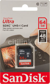 Карта памяти SDXC UHS-I SANDISK Ultra 48 64 ГБ, 48 МБ/с, Class 10, SDSDUNB-064G-GN3IN, 1 шт.