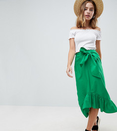 Хлопковая юбка миди с поясом и оборкой ASOS DESIGN Petite - Зеленый