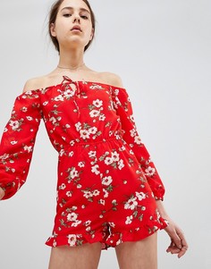 Ромпер с открытыми плечами и цветочным принтом Glamorous - Красный