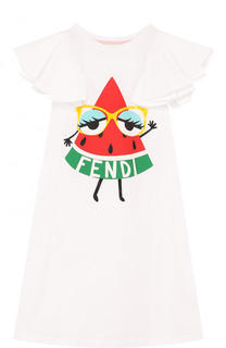 Хлопковое мини-платье А-силуэта с принтом и оборками Fendi Roma