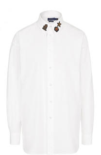 Хлопковая блуза свободного кроя с декорированным воротником Polo Ralph Lauren