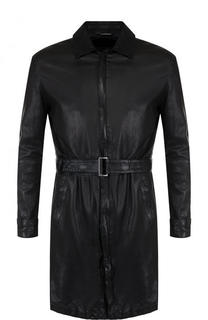 Кожаное пальто на молнии с поясом Emporio Armani