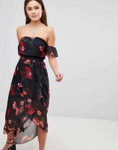 Платье миди с открытыми плечами и цветочным принтом Parisian - Черный