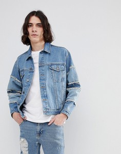 Выбеленная синяя джинсовая oversize-куртка с бахромой на рукавах ASOS - Синий