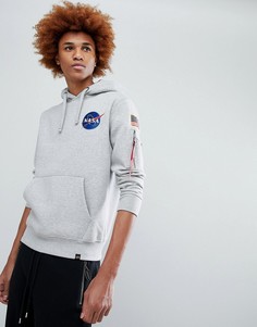 Худи серого меланжевого цвета с принтом космического корабля на спине Alpha Industries - Серый