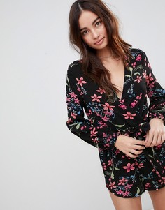 Ромпер с запахом, длинными рукавами и цветочным принтом Parisian - Черный