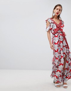 Платье макси с цветочным принтом и оборками River Island - Красный