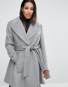 Короткое приталенное пальто с оversize-воротником и поясом ASOS CURVE - Серый