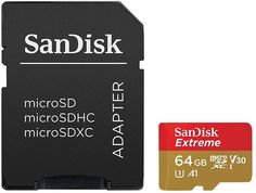 Карта памяти microSDXC UHS-I U3 SANDISK Extreme 64 ГБ, 100 МБ/с, Class 10, SDSQXAF-064G-GN6MA, 1 шт., переходник SD