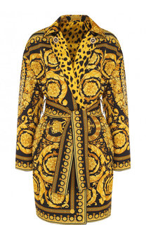 Пальто из смеси хлопка и шелка с принтом и поясом Versace